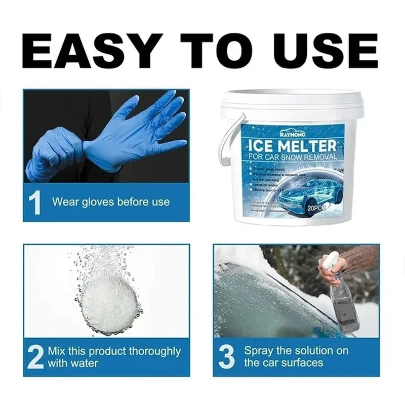 20 Pcs Snow Melter Tablets Safe Driveway Deicer Fast Acting & Effective Defrost De-Icing Ice Snow Melter for Car Windshields Rem