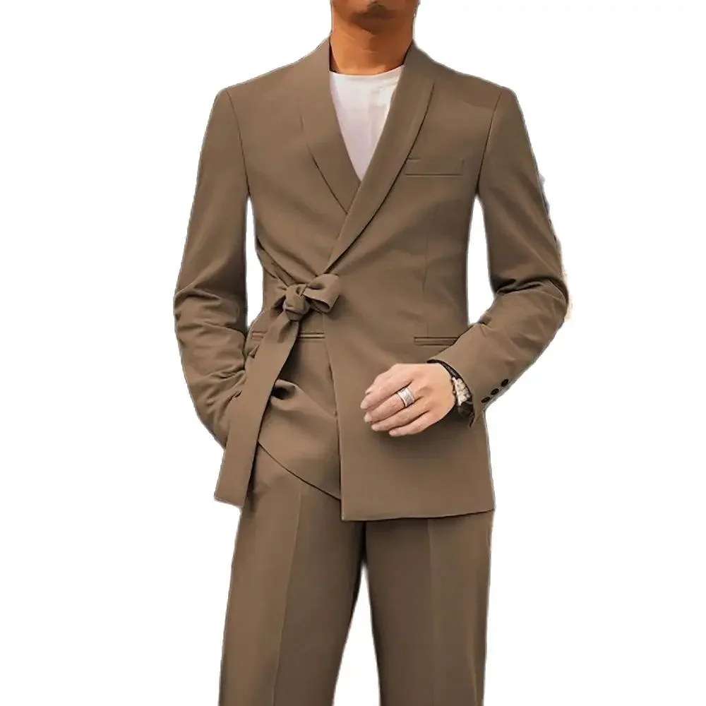 Brown Men's Suits Double Breasted Shawl Lapel Luxury 2 Piece Jacket Pants Regular Length Office Outfits Ropa Hombre Prom Blazer