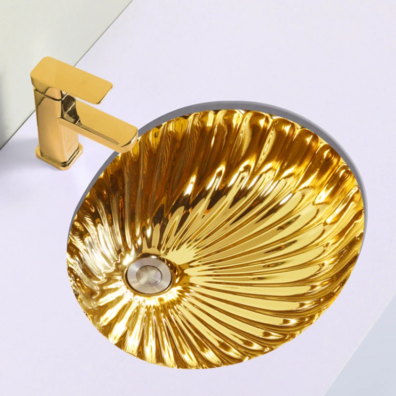 

Silver Ceramic Drop-in Sink Embedded European Style Bathroom Cabinet Washbasin round