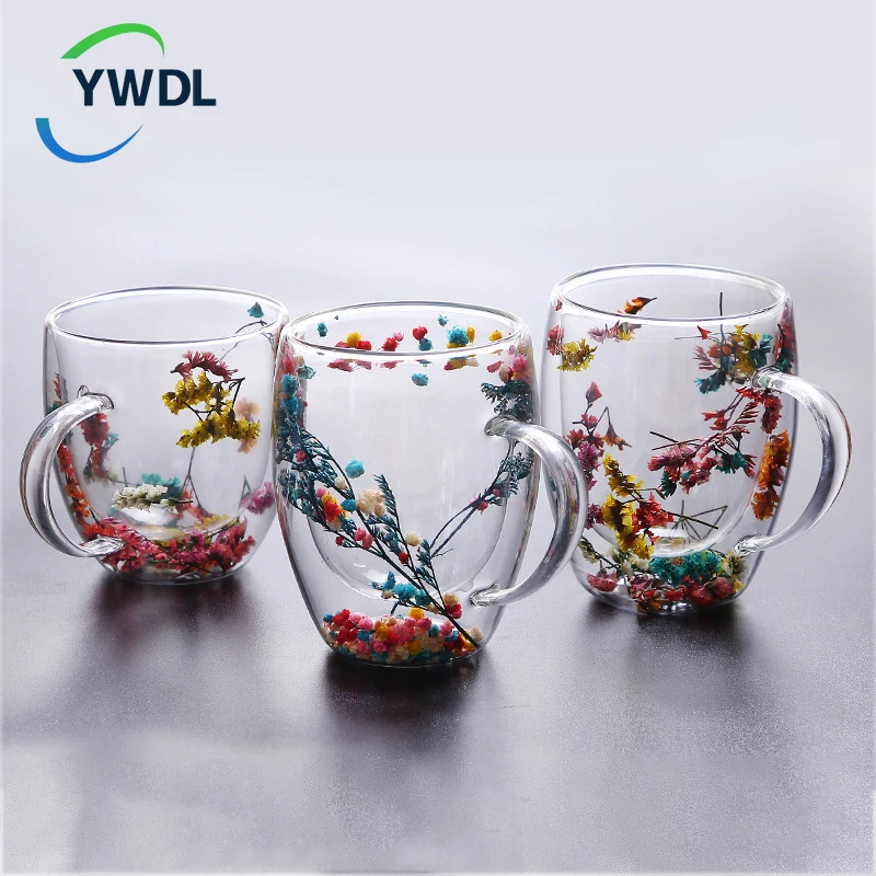 YWDL 필링 드라이 플라워 이중 벽 유리 컵, 손잡이가 달린 내열성 차 커피 컵, 에스프레소 우유 머그잔 선물, 1 개, 2 개 