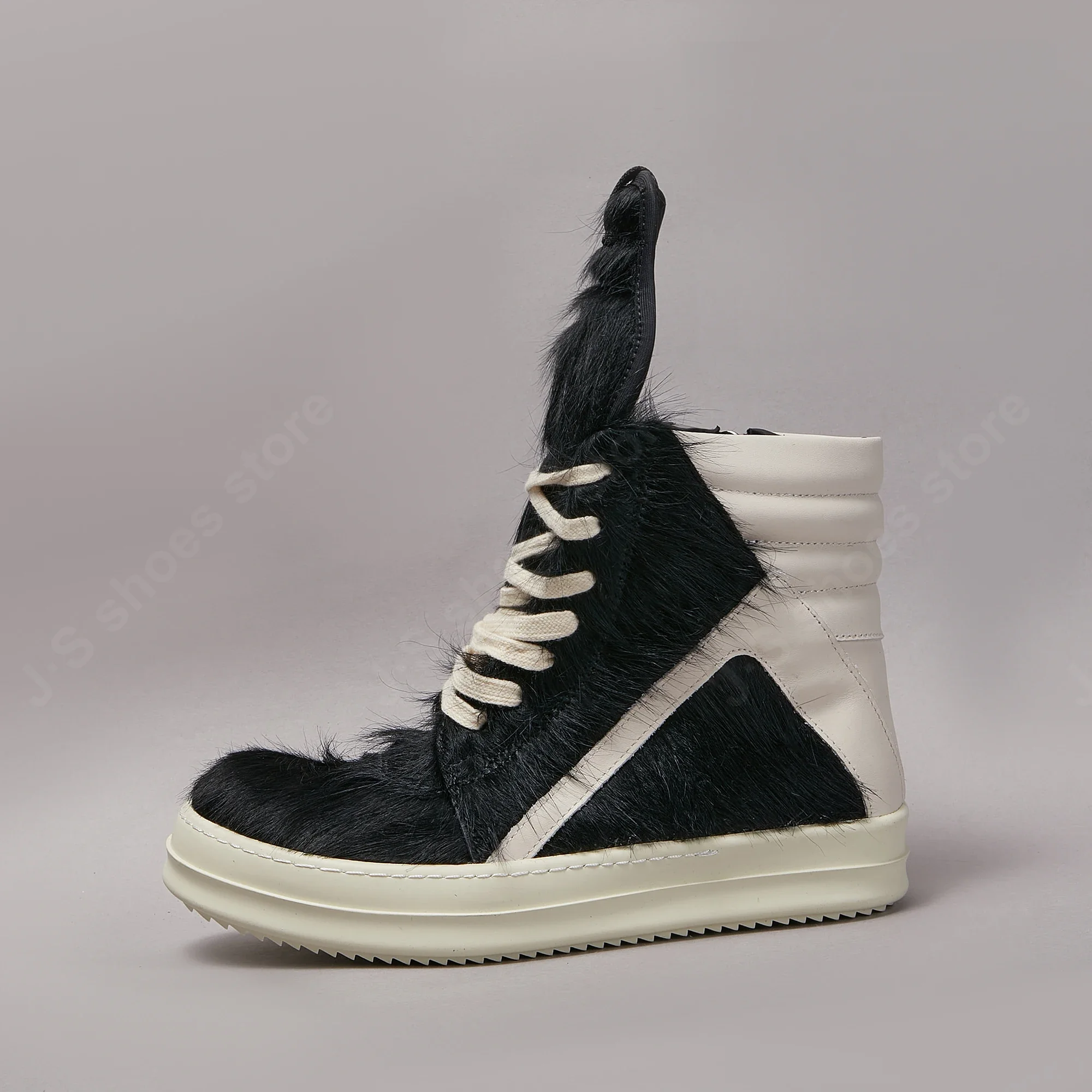 Ricks Classic Design Men Owens shoe Horse Hair Women High Top Sneaker Black Horsehair With White Leather Outside Flat Sneakers