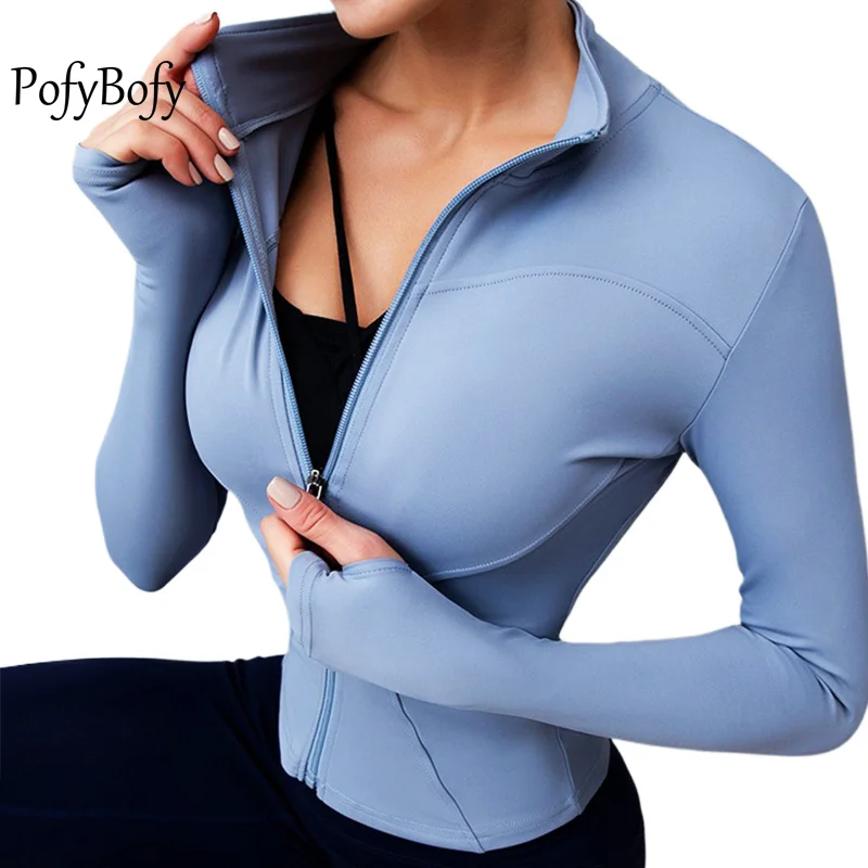 Sports Jacket Women Sports Jacket PofyBofy Thumb Hole Quick Dry Stand Collar Full Zipper Slim Fit Women Sport Long Sleeve Jacket Fitness Training Yoga Workout Top