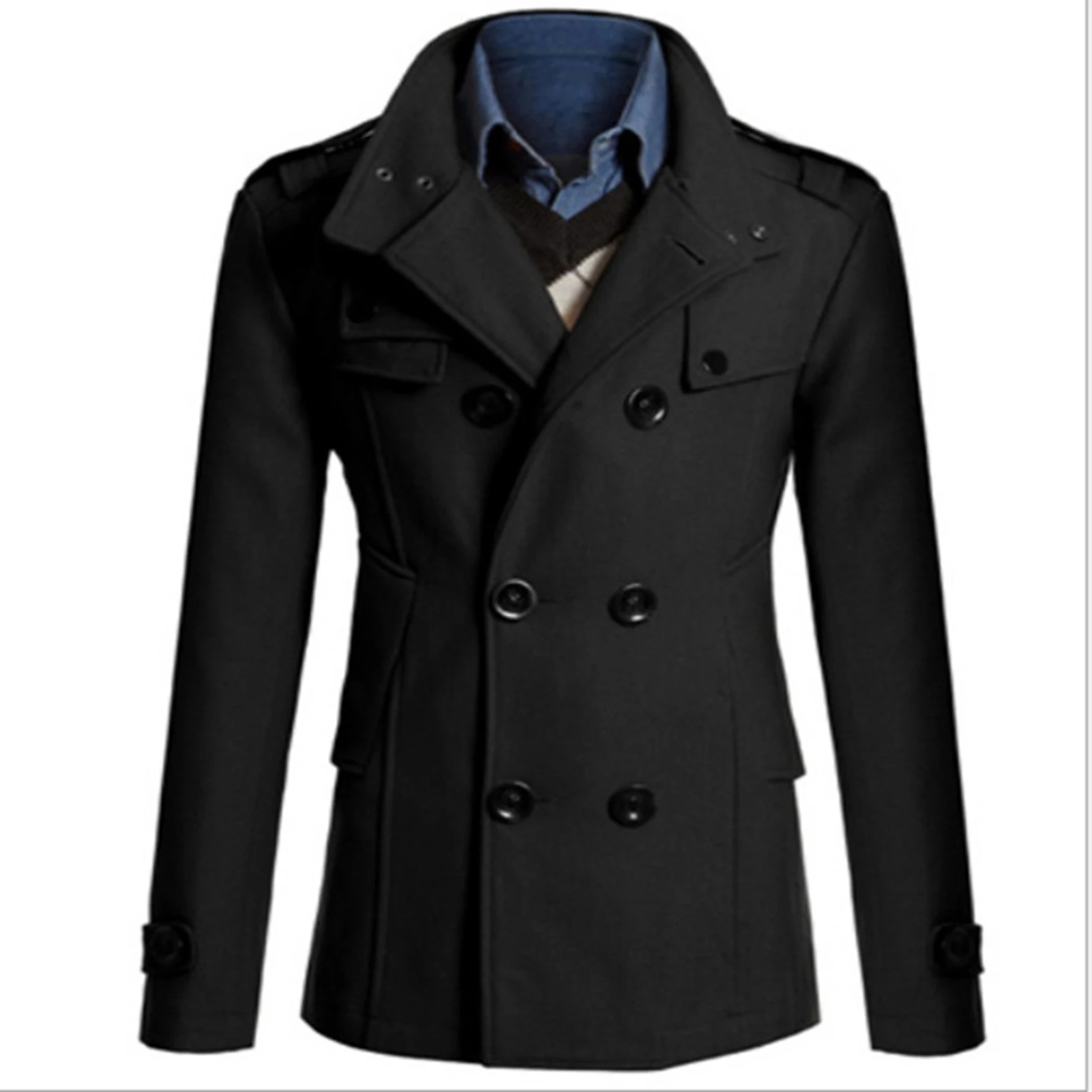 

Men's Double Breasted Winter Jacket Vintage Fashion Trench Coat Solid Color Long Sleeve Business Outwear Button Closure