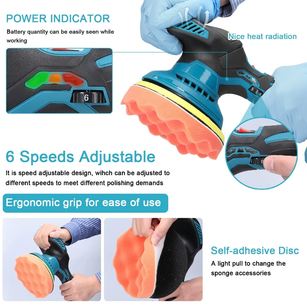 Electric Cordless Car Polisher 6 Gear Speed Adjustable 21V Electric Auto Polishing Machine Home Cleaning Waxing Sanding Machine cordless car polisher car polisher electric polisher