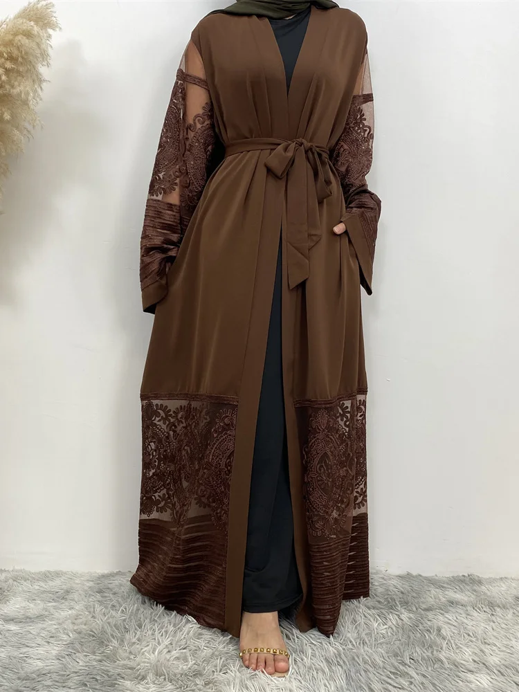 Eid 기모노 Mujer 아바야 여성 터키 이슬람 아랍어 무슬림 꽃 자수 가디건, 의류 로브 슈미즈 팜므