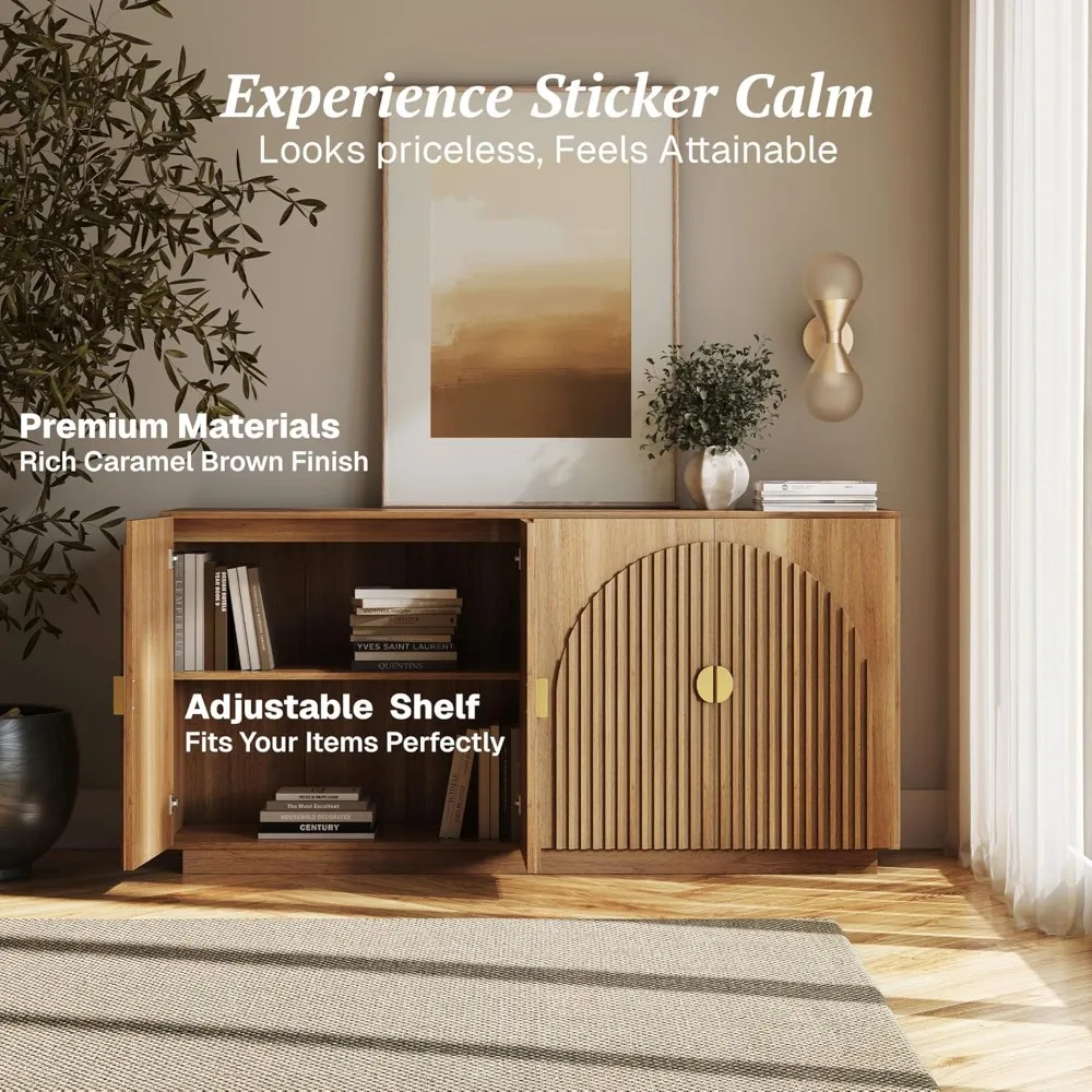 65 inch fluted buffet cabinet with storage, symmetrical arc accent sideboard large console table for dining room, kitchen, and