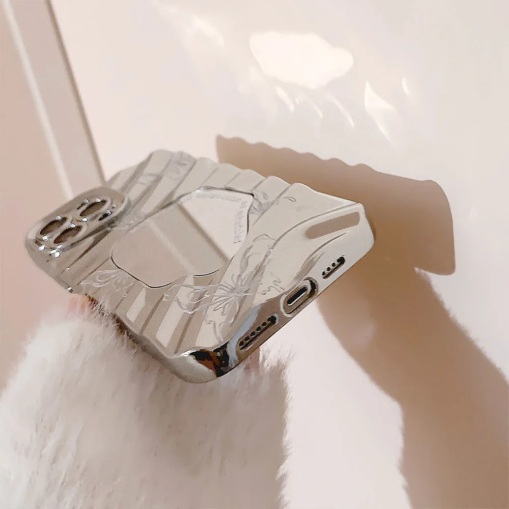Electroplated Mirror Pink Butterfly Phone Case For iPhone 16 13 11 12 14 15 Pro Max Luxury Plating Wavy Shockproof Makeup Cover