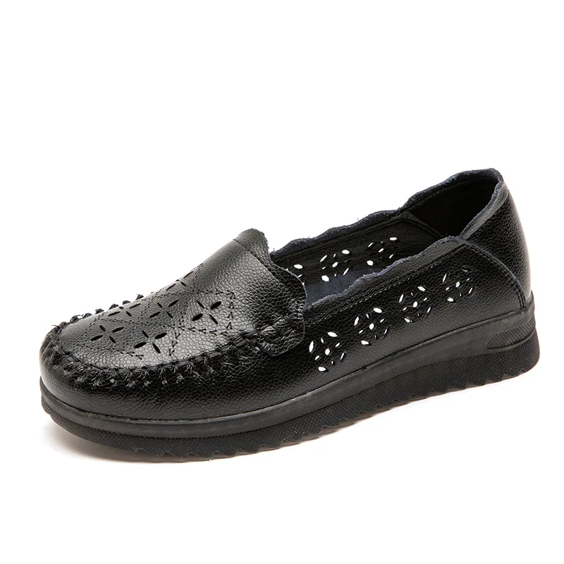 Genuine Leather Ladies Breathable Summer Casual Shoes Women Flats Slip-On Loafers Round Toe Soft Flat Shoes Women's Nurse Shoes