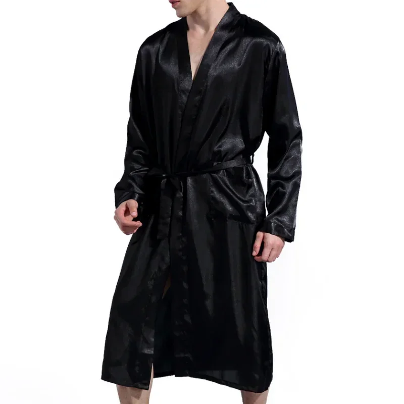 Men Solid Color Silk Satin Robes Pajamas Long Sleeve Silk Sleepwear Kimono Male Bathrobe Leisure Loungewear Dressing Nightgown