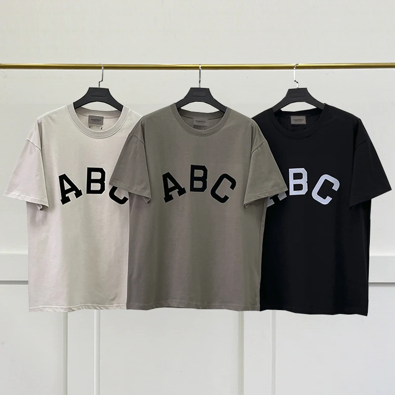 

Essentials Oversized T Shirt for Women Tees Shirt Men Short Sleeve Flocking ABC Letter Hip Hop Top Loose Unisex Streetwear