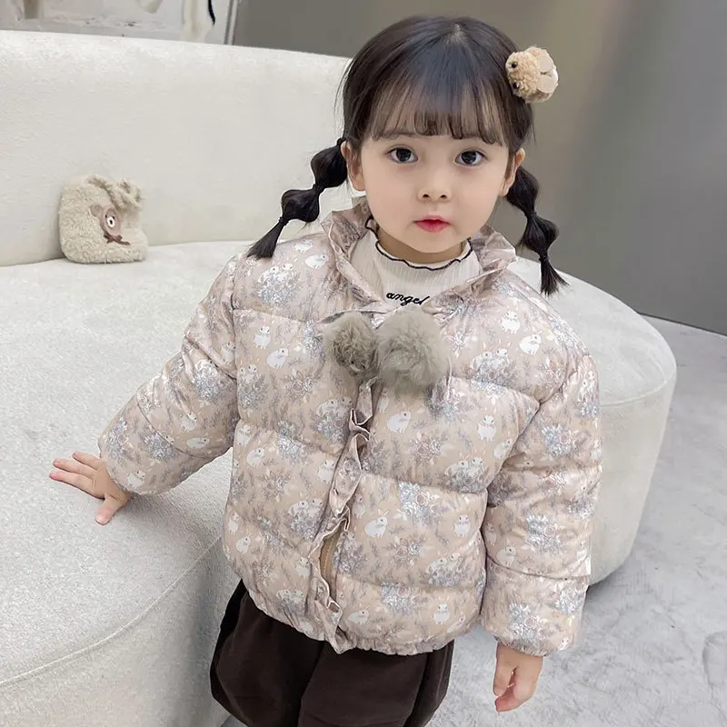 

2023 Winter Floral Jackets Girls Fur Ball Warm Parka Children 1-6 Years Kids Girls Plus Velvet Cotton Outerwear Coats