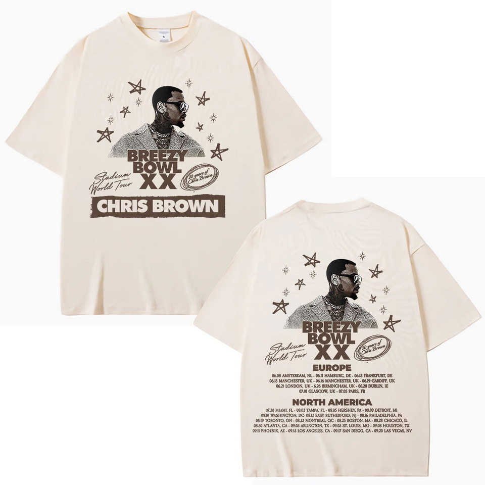 Rapper Chris Brown Breezy Bowl XX Tour T-shirt Hip Hop Men's Women Fashion O-Neck T Shirt Oversized Cotton Casual T-shirts Tops