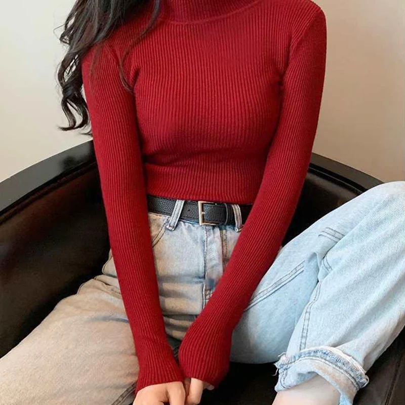 Rimocy Spring Autumn Knitted Sweaters Women 2022 Long Sleeve Basic Primer Pullovers Woman Korean Solid Color Slim-fit Pull Femme striped sweater Sweaters