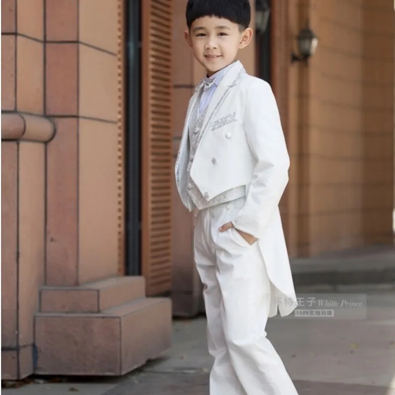 Elegant Fashion Children White Tuxedo Set Costume Birthday Fashion Casual Brand Formal Boy Wedding Suits Blazers 5PCS Set