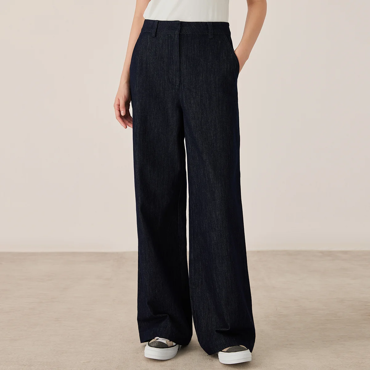 KX7523319 Pantalon taille haute en mélange de coton à jambes larges avec poches Pantalon décontracté pour femme