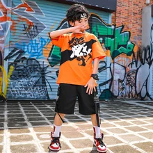 

Children's hip hop suit boys hip hop performance suit hiphop T-shirt Shorts Girls Jazz Dance Performance Summer