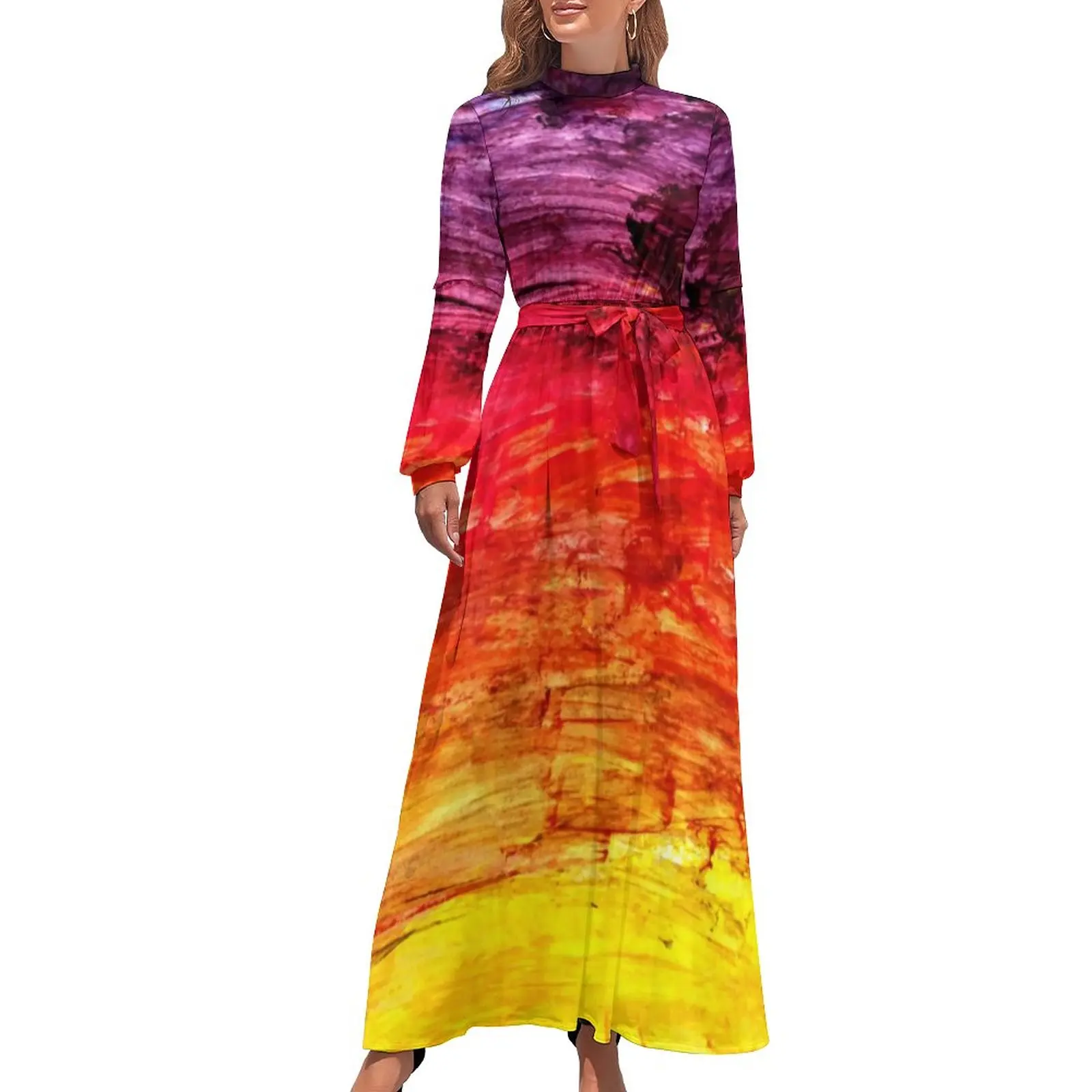 

Abstract Sunset Dress High Waist Ombre Print Custom Beach Dresses Long Sleeve Street Wear Long Maxi Dress Modern Vestidos