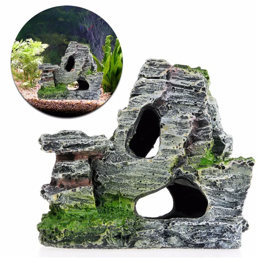 Fish Tank Ornaments Artificial Moss Hiding Cave Mountain View Underwater Fish Tank Landscaping Craft Living Room Resin Rockery