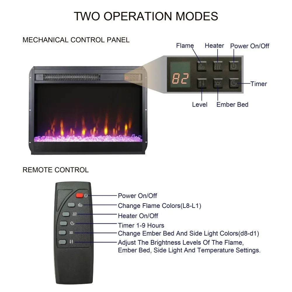 23" Electric Fireplace Insert, Fireplace Heater with Remote/Timer/Side Light, Adjustable 8 Flame Colors, Crystal, Fireplaces