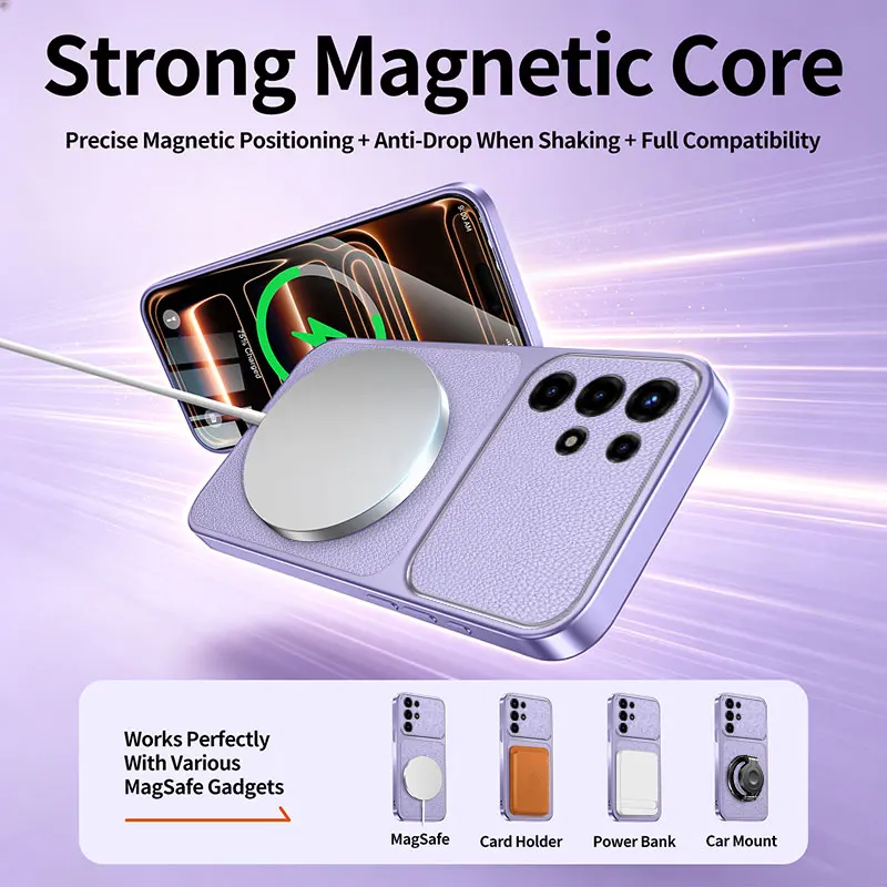 Luxury Leather Texture Magnetic Wireless Charging Shockproof Soft Back Cover for Super 26 Ultra / S25 Ultra