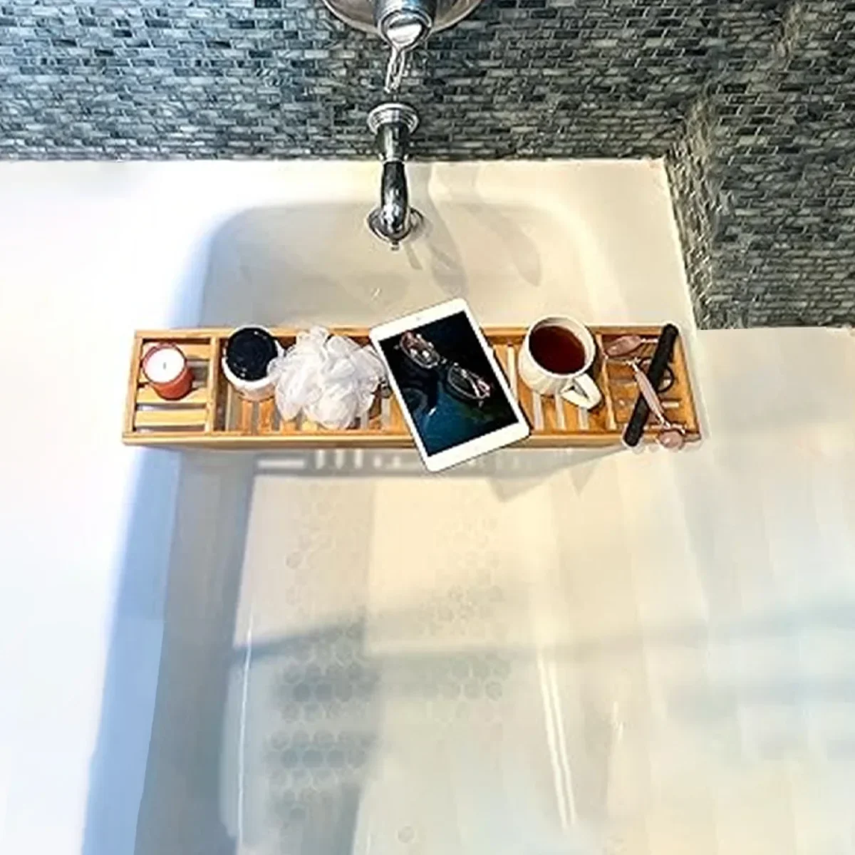 Bathtub Caddy Tray Bamboo Spa Caddy Organizer Soap Book Tablet Towel Holder Nonslip Bottom Bathtub