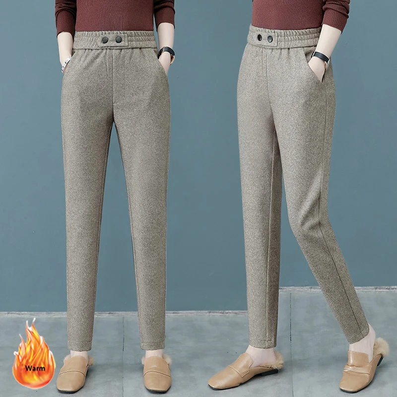 Women Woolden Blend Harem Pants Korean Fashion High Waist Autumn Winter Vinatge Trousers All-Match Plus Velvet Casual Pantalones