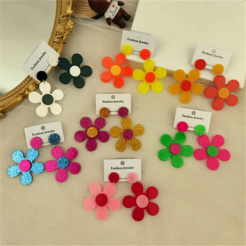 Colorful Flower & Apple Teacher Earrings - Acrylic Dangle Earrings, Back To School Gift
