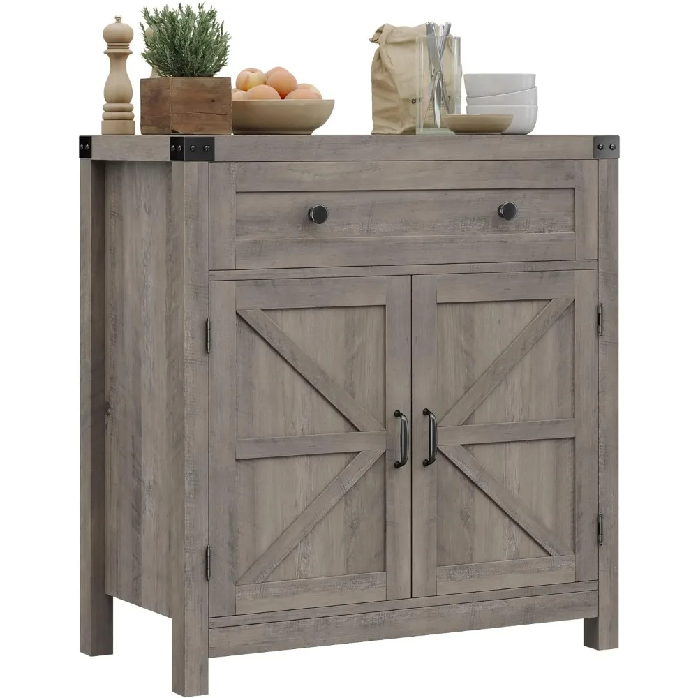 

Coffee Bar Cabinet, Modern Farmhouse Buffet Sideboard with Drawer and Adjustable Shelf, Barn Door Storage Cabinet