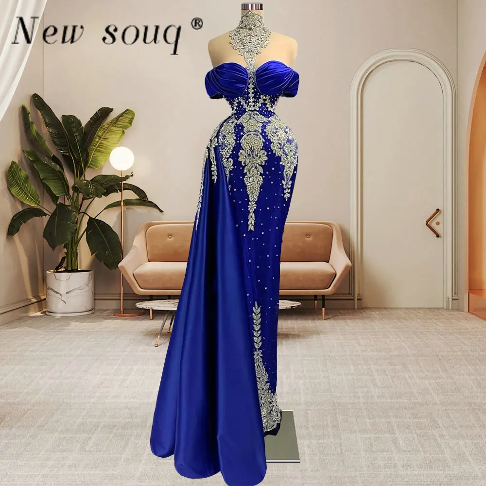 

Роскошные королевские синие длинные вечерние платья Дубая с высоким воротом 2023 вечерние платья с открытыми плечами и бусинами для женщин вечерние платья Африканский Халат