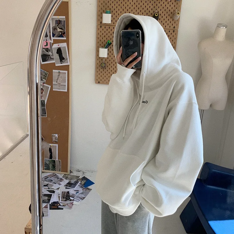 

Womens Clothing Grey Vintage Street Sweatshirt Hoodie Letter Printing Long Sleeves Casual Warm Oversize Baggy Ladies Tops Autumn