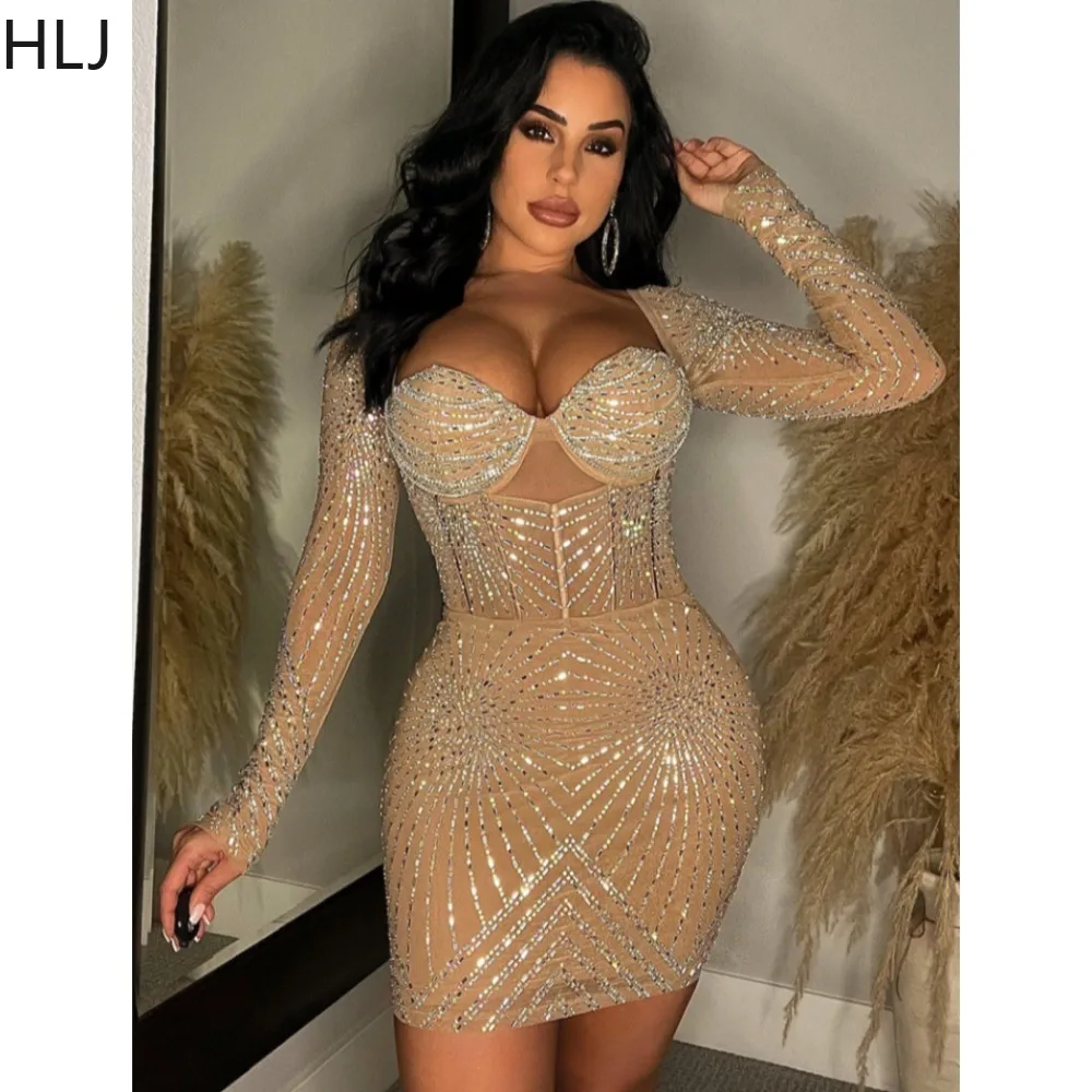 

HLJ Fashion Luxury Rhinestone Mesh Bodycon Dresses Women V Neck Long Sleeve Party Nightclub Dress Sexy Female Slim Vestidos 2023