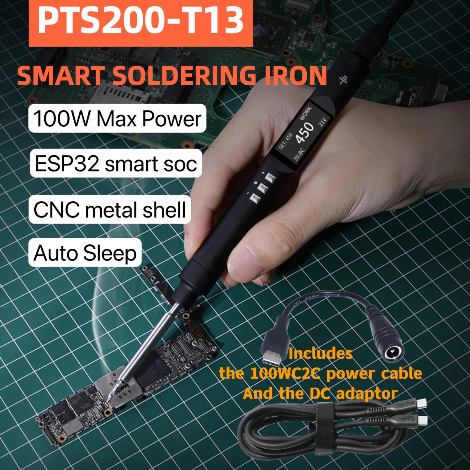 

[Kit with Power Cable] TOOLTOP PTS200 T13 100W ESP32 PD3.0 Smart Soldering Iron Open Source Compatible with T12 TS101 PINE64