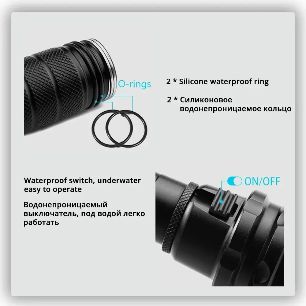 High Power Diving Flashlight IP68 Highest Waterproof Rating Professional Diving Light Powered by 18650 Battery With Hand Rope diving flashlight