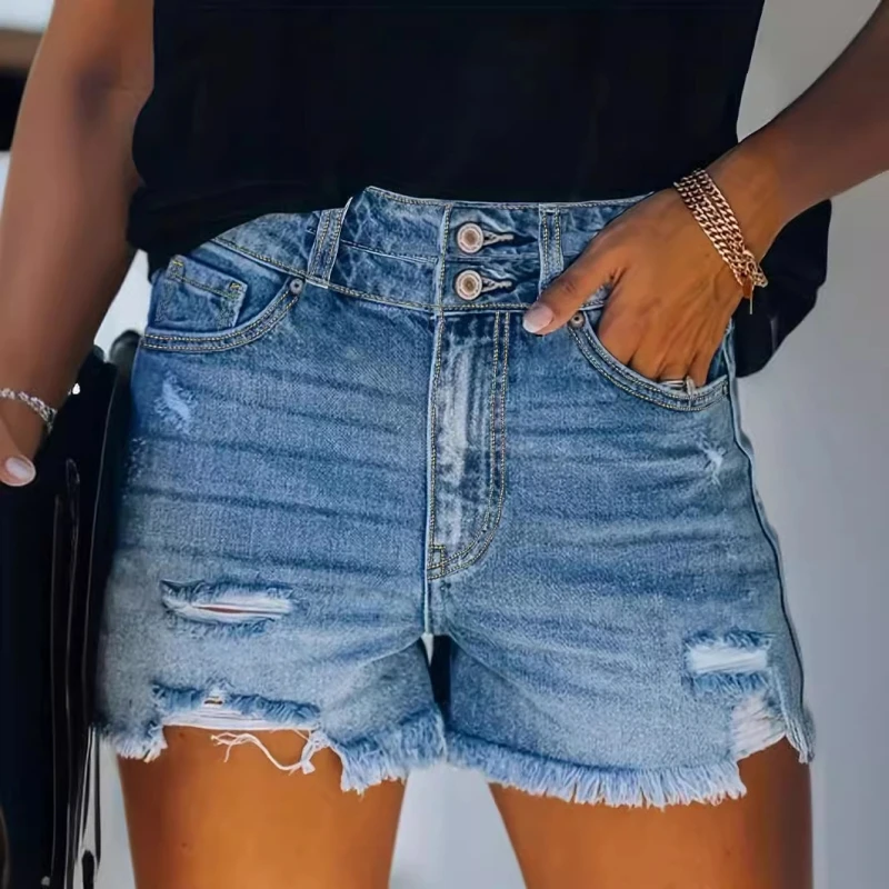 Women Fashion Ripped Denim Pants High Waisted Rolled Shorts Vintage Hole Summer Casual Pocket Jeans Ladies Hotpants Shorts 2024