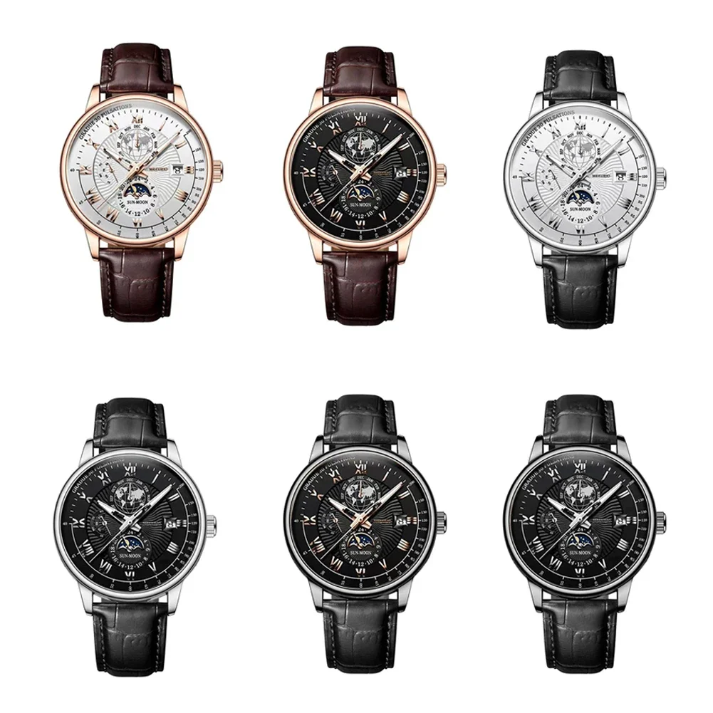 Luxury Man Watch Waterproof Chronograph Moon Phase Pattern Luminous Quartz Wristwatch Leather Strap Men Casual Clock