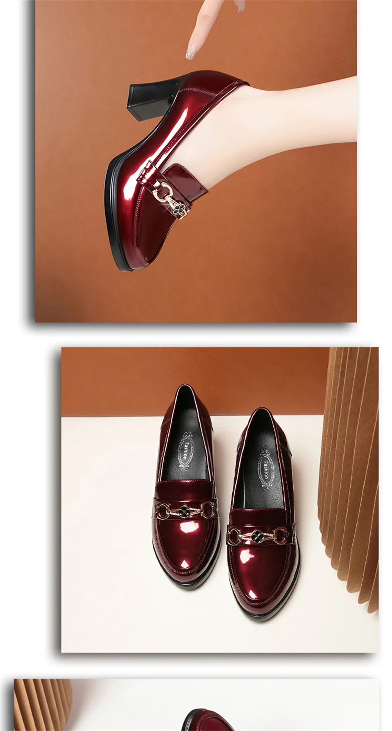 Spring New High Heels Dress Shoes Pointed Toe Woman Pumps Black Medium Heel Patent Slip on Square Heel Leather Shoes