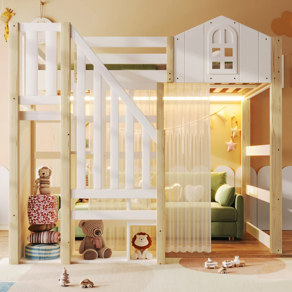 90x200cm Kinderzimmer-Hochbett, mit LED-Leuchten und Gaze, Fensterform, offenes Aufbewahrungsfach, Weiß + Natur (ohne Matratze) – Detail 29