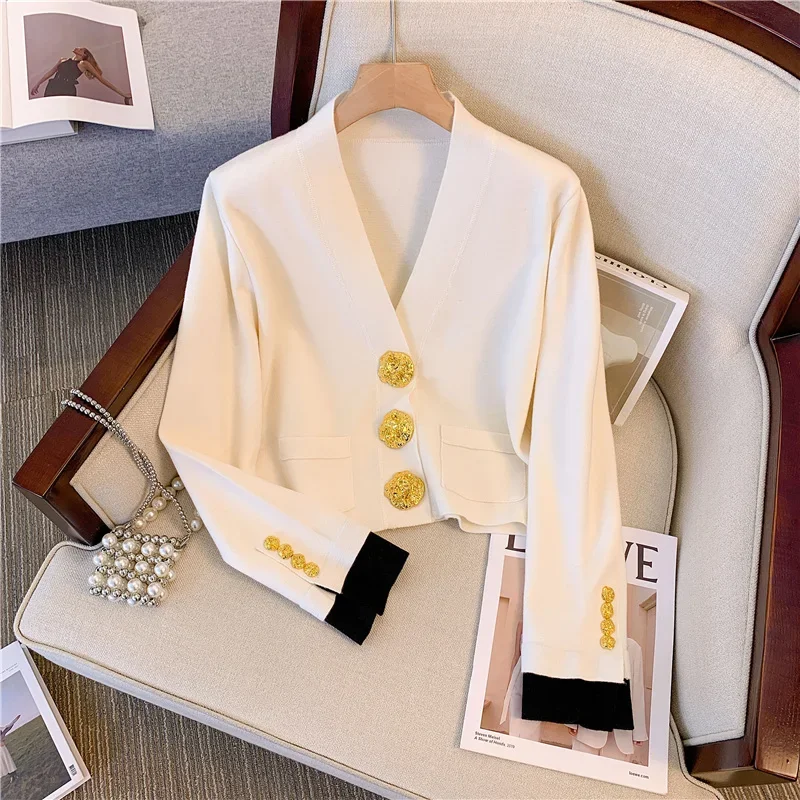 

Vintage Elegant V-neck Cardigan Sweater for Women Gold Buttons Long Sleeve Knitwear Tops 2023 Autumn Fashion Chic Ladies Jumpers