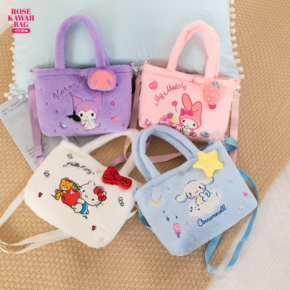 Sanrio Plush Bag Kawaii Cinnamoroll Handbag Tote Plushie Shoulder Messenger Bags Kuromi Hello Kitty Crossbody Bag for Girls Gift cow leather bag strap women handbag belt shoulder messenger crossbody bag wide strap replacement genuine leather bag strap