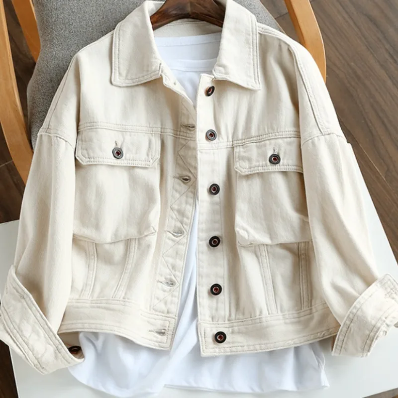 2023 Spring Autumn New Single-breasted Pure Cotton Loose Thin Gentle Milk White Denim Short-length Thin Daily Casual Coat Women