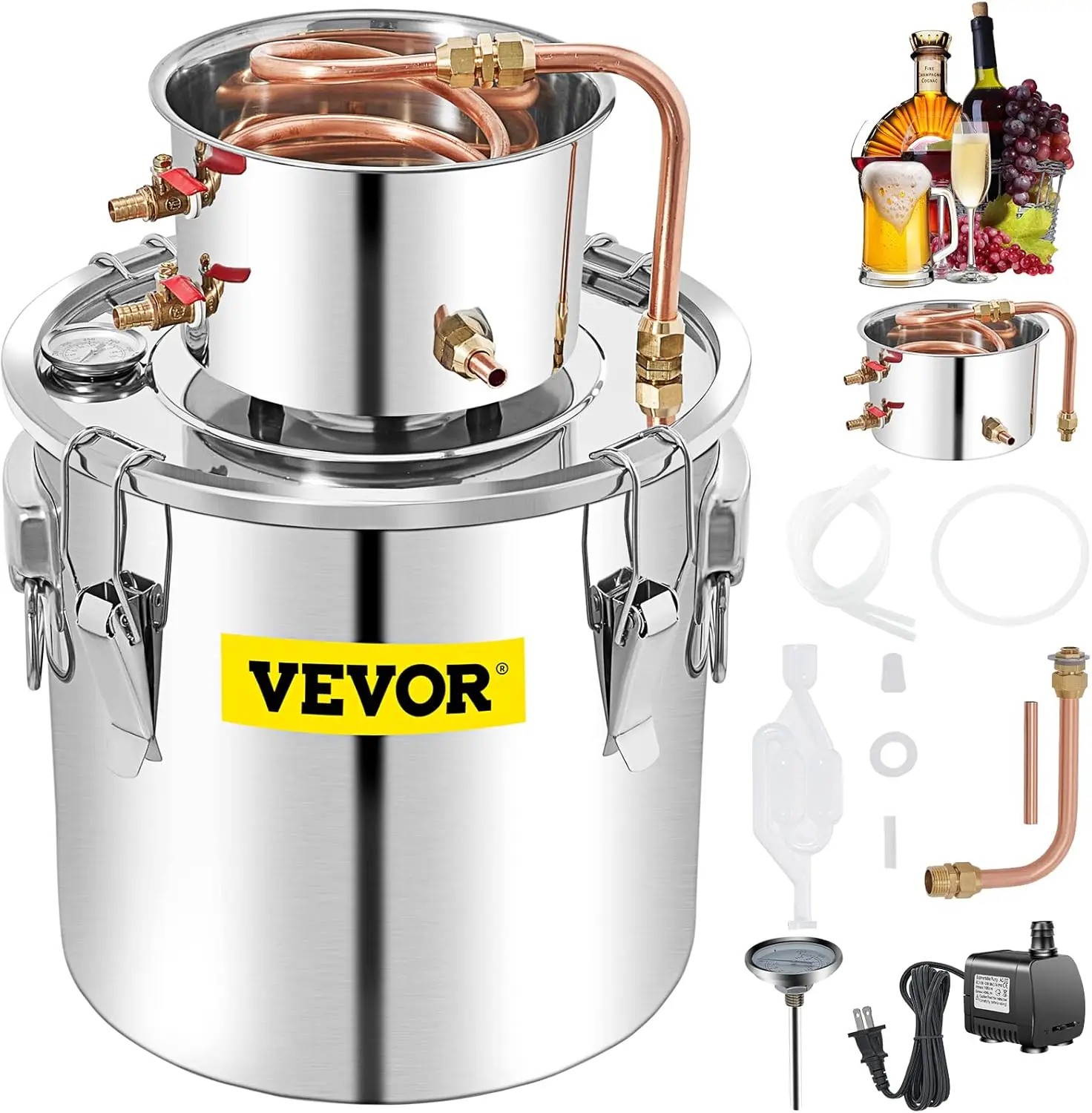 Alcohol Still 13.2Gal/50L Alcohol Distiller Stainless Steel Distillery Kit for With Copper Tube & Pump Home Brewing Kit