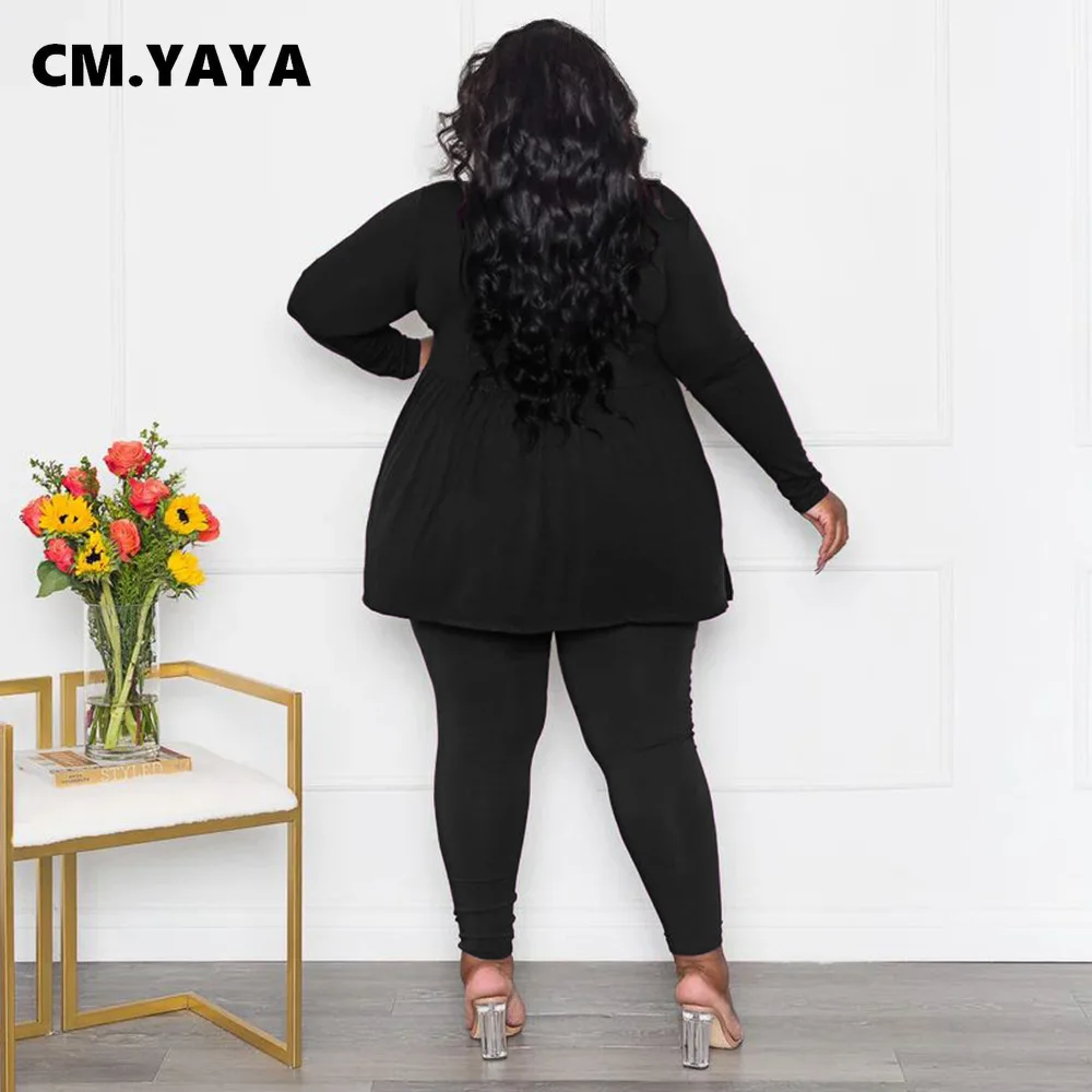 CM.YAYA 긴팔 플레어 오넥 티셔츠 및 바지 세트, 플러스 사이즈 여성 패션, 2023 스트리트 투피스 세트, 운동복