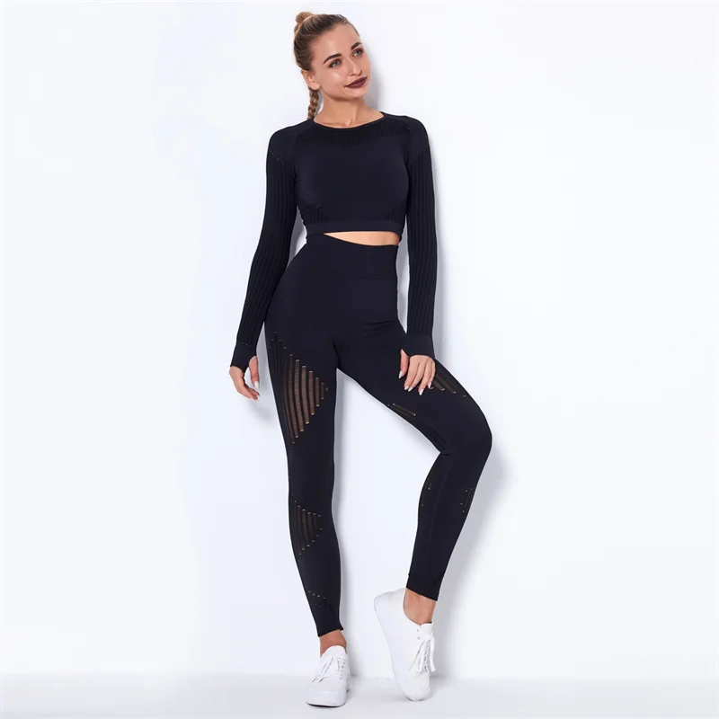 

SVEIC Seamless Yoga Sets Ribbed Sports Bras Fitness Tops Long Seleeve Workout Suit Sportswear Leggings Women Gym Outfit Clothing