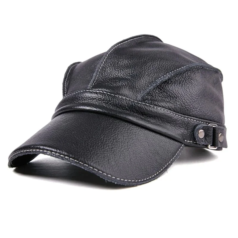 

Fashion Unisex High Quality Real Leather Military Caps Sailor Hats Women Men Black Brown Flat Top Captain Cap Travel Cadet Hat