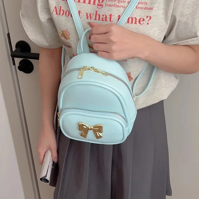 Xiuya Silver Leather Womens Backpack Summer Elegant Bow Casual Small Backpack Youth Female Fashion Aesthetic Korean Popular Bag