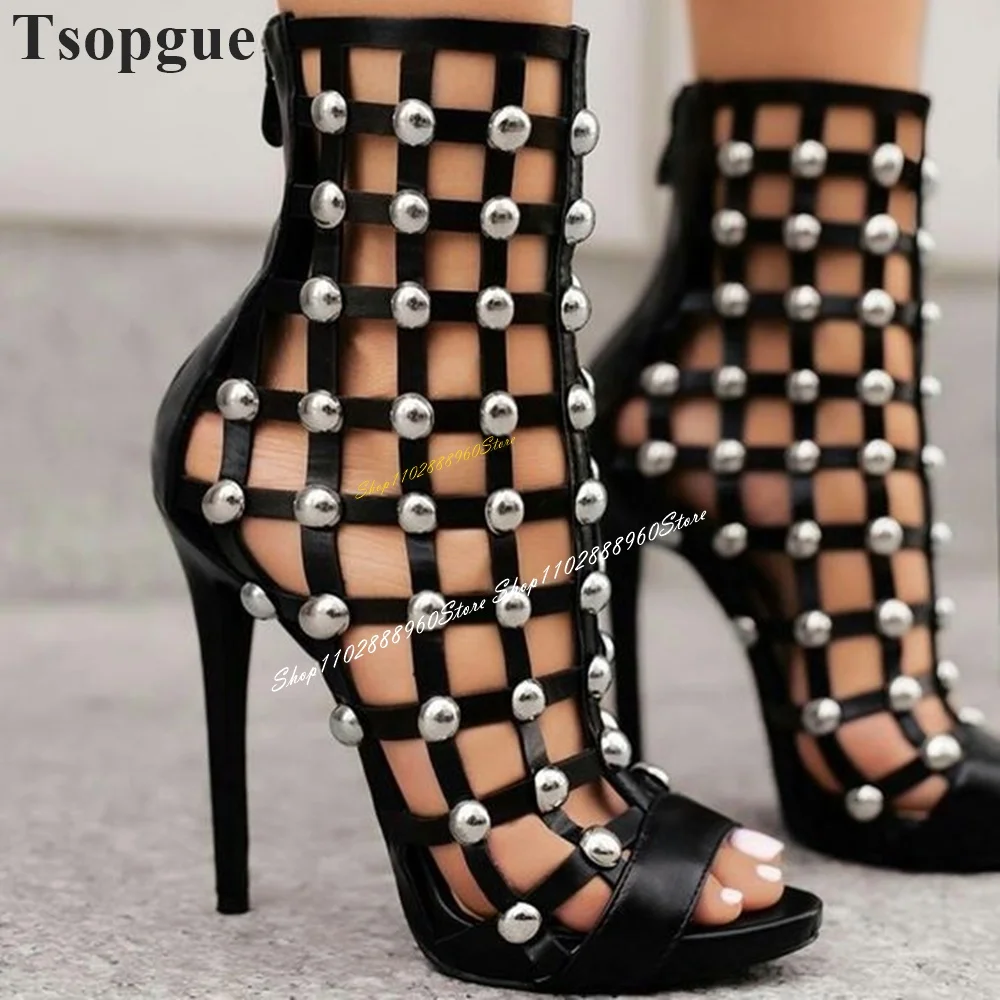 

Casual Black Rivet Checkered Hollow Sandals Thin High Heel Women Shoes Back Zipper Open Toe 2024 Fashion Zapatos Para Mujere