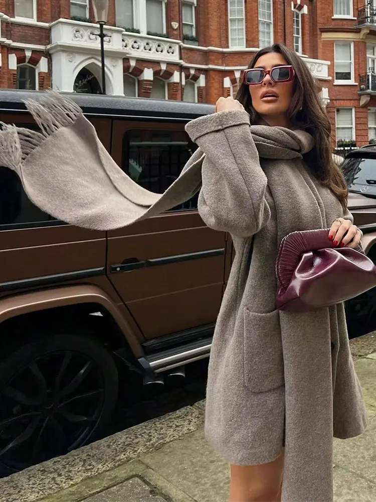 HH Women Knitted Cardigan Coats With Scarf Loose Casual Single Breasted Long Sleeve Jackets Autumn Woman Elegant Fashion Outwear