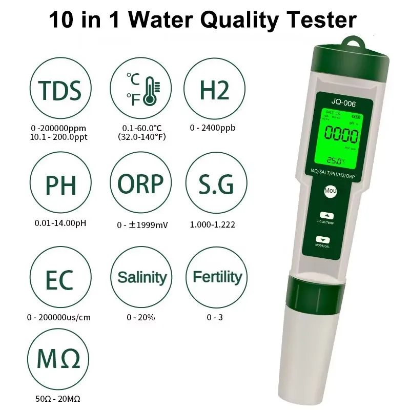 10-in-1 Water Quality Tester – Digital pH/EC/TDS/ORP/H2/Salinity/S.G/Resistivity/Temp Meter for Aquariums, Pools & Hydroponics