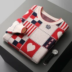 Explosions in autumn and winter 100% pure wool men's thick round neck contrast knitted sweater loose retro wool bottoming shirt