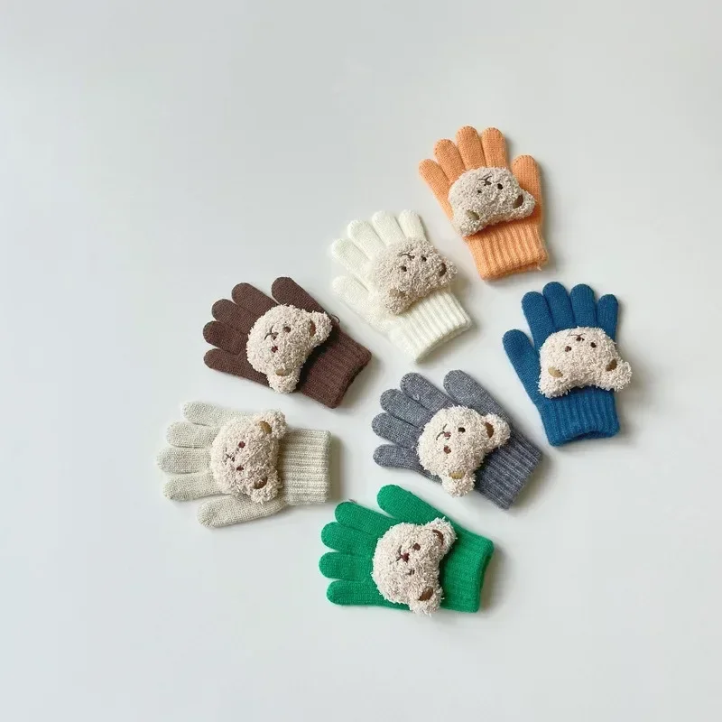 따뜻한 겨울 장갑, , 여아, 남아, , 두꺼운 귀여운 곰, 니트 양털 장갑, 부드러운 전체 손가락 장갑, 2-6 세 어린이